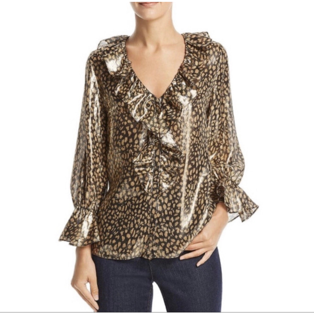 Alice + Olivia Gold Black Shine Metallic Elliot Leopard Ruffle Blouse
